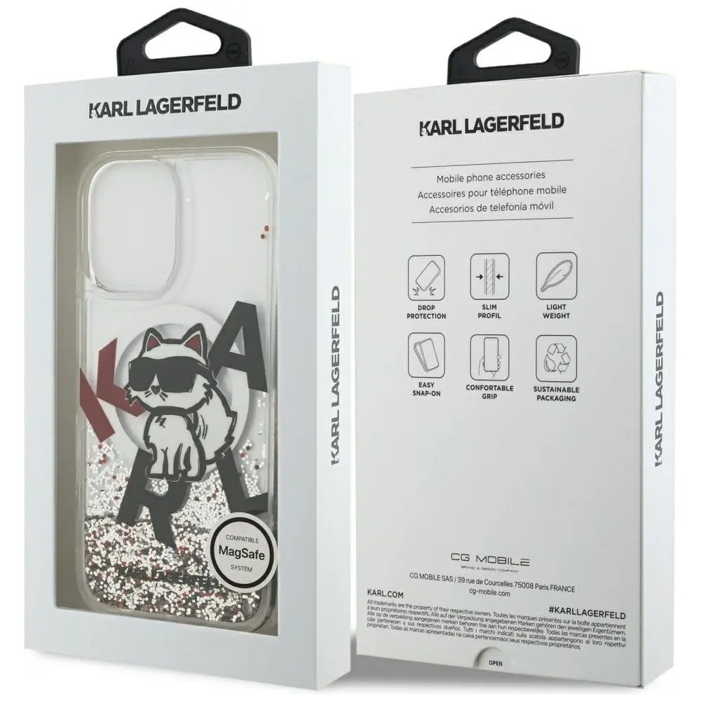 Etui Karl Lagerfeld Liquid Glitter Choupette Logo MagSafe do Apple iPhone 17 przezroczysty