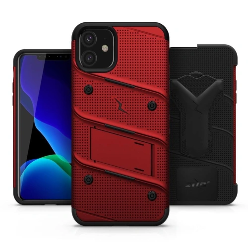 Pancerne etui Zizo Bolt Cover Apple iPhone 11 ze szkłem 9H na ekran + podstawka & uchwyt do paska (Red/Black)