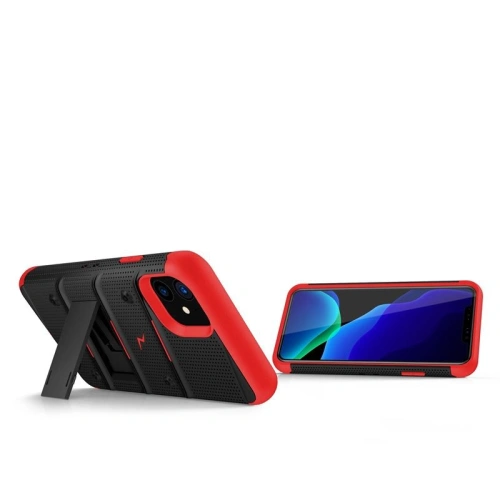 Pancerne etui Zizo Bolt Cover Apple iPhone 11 ze szkłem 9H na ekran + podstawka & uchwyt do paska (Black/Red)