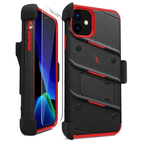 Pancerne etui Zizo Bolt Cover Apple iPhone 11 ze szkłem 9H na ekran + podstawka & uchwyt do paska (Black/Red)