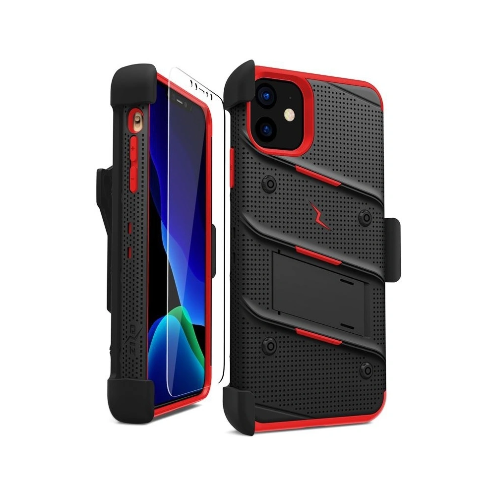 Wholesale Zizo Bolt Cover - Case for iPhone 11 with Military Grade + Glass Screen Protector & Kickstand and Holster (Red/Black) - ZIZ006BLKRED - {ean13} - Hurt