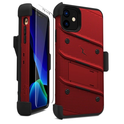Pancerne etui Zizo Bolt Cover Apple iPhone 11 ze szkłem 9H na ekran + podstawka & uchwyt do paska (Red/Black)