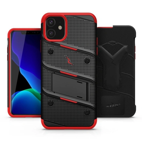 Pancerne etui Zizo Bolt Cover Apple iPhone 11 ze szkłem 9H na ekran + podstawka & uchwyt do paska (Black/Red)