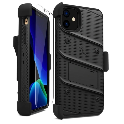 Pancerne etui Zizo Bolt Cover Apple iPhone 11 ze szkłem 9H na ekran + podstawka & uchwyt do paska (Black/Black)