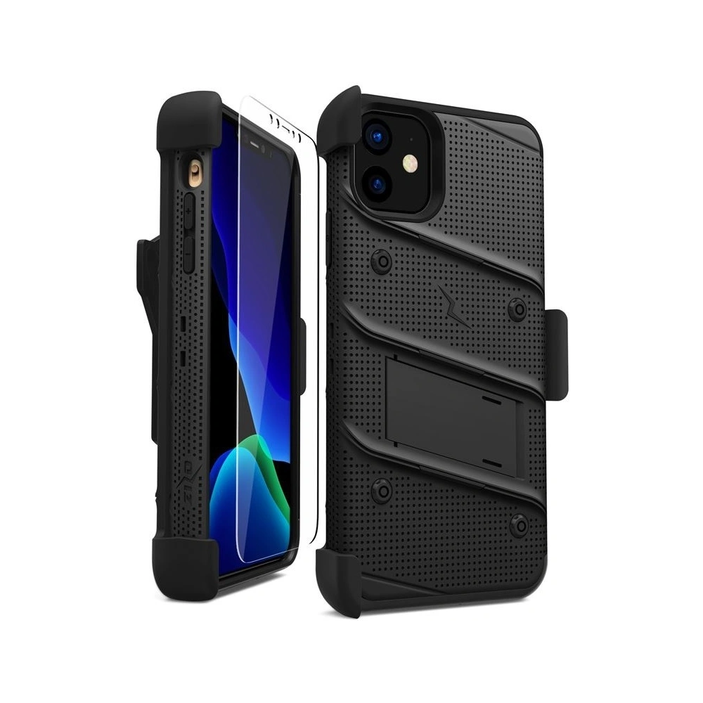 Hurtownia GSM - Pancéřové pouzdro Zizo Bolt Cover Apple iPhone 11 se sklem 9H na displej + stojánek & držák na pás (Černá/Černá) - ZIZ007BLK - {ean13} - Hurt