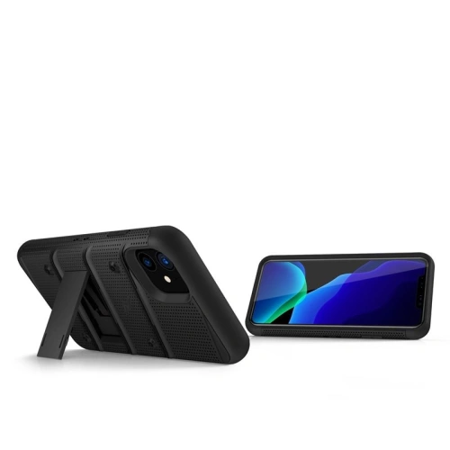 Pancerne etui Zizo Bolt Cover Apple iPhone 11 ze szkłem 9H na ekran + podstawka & uchwyt do paska (Black/Black)