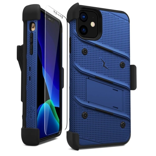 Pancerne etui Zizo Bolt Cover Apple iPhone 11 ze szkłem 9H na ekran + podstawka & uchwyt do paska (Blue/Black)