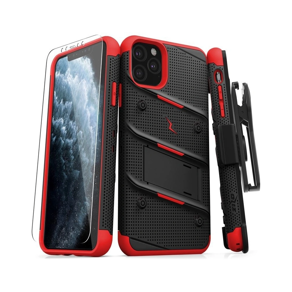 Hurtownia GSM - Pancéřové pouzdro Zizo Bolt Cover Apple iPhone 11 Pro Max se sklem 9H na displej + stojánek & držák na pásek (Černá/Červená) - ZIZ010BLKRED - {ean13} - Hurt