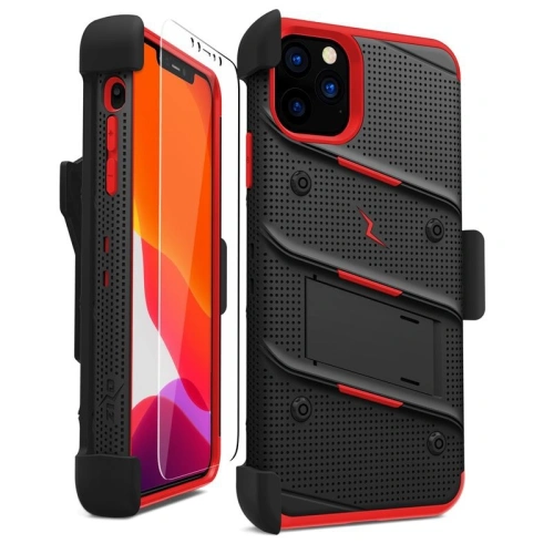 Pancerne etui Zizo Bolt Cover Apple iPhone 11 Pro Max ze szkłem 9H na ekran + podstawka & uchwyt do paska (Black/Red)