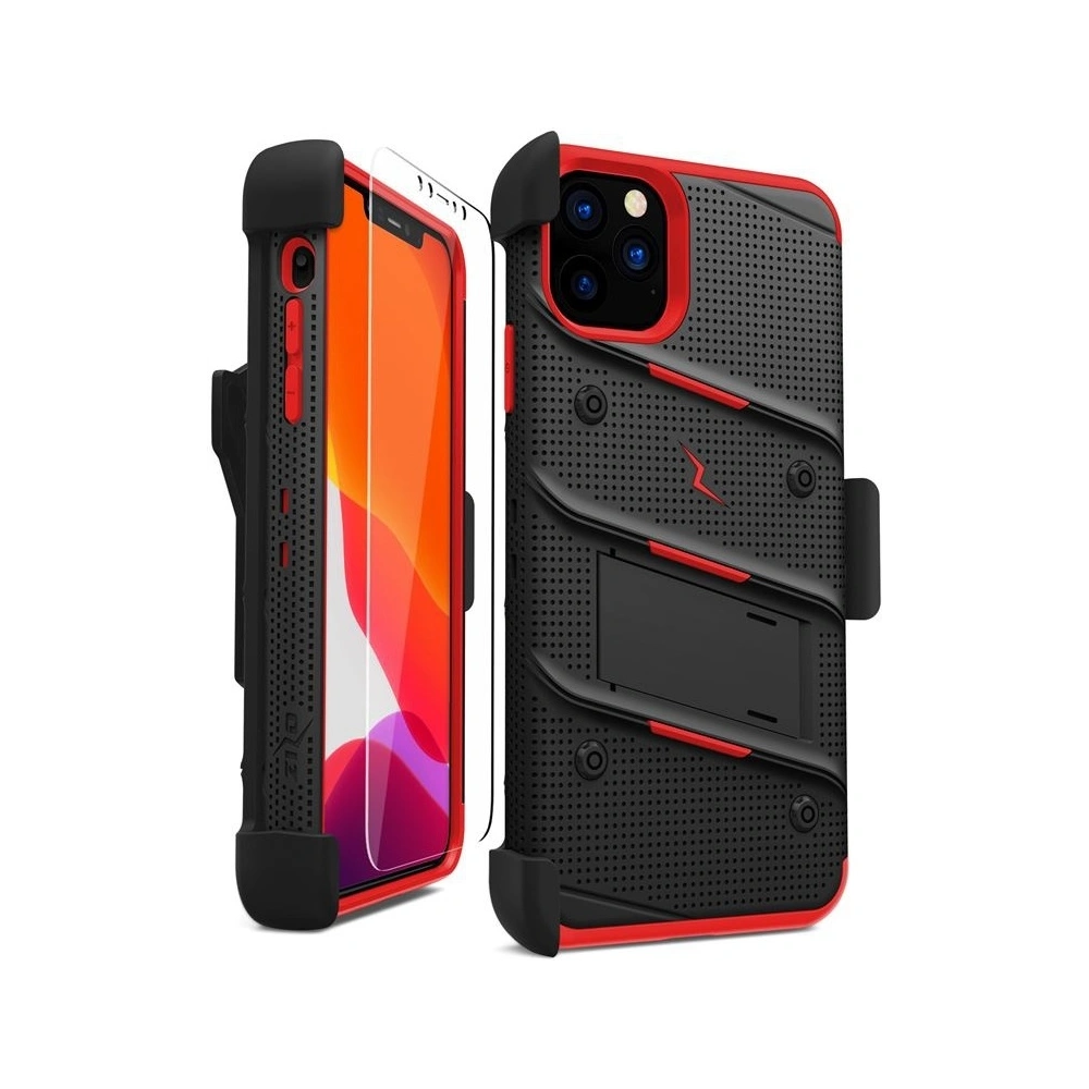 Hurtownia GSM - Pancéřové pouzdro Zizo Bolt Cover Apple iPhone 11 Pro Max se sklem 9H na displej + stojánek & držák na pásek (Černá/Červená) - ZIZ010BLKRED - {ean13} - Hurt