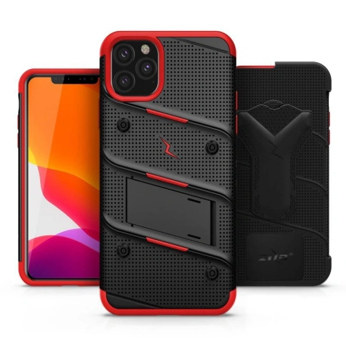 Pancerne etui Zizo Bolt Cover Apple iPhone 11 Pro Max ze szkłem 9H na ekran + podstawka & uchwyt do paska (Black/Red)