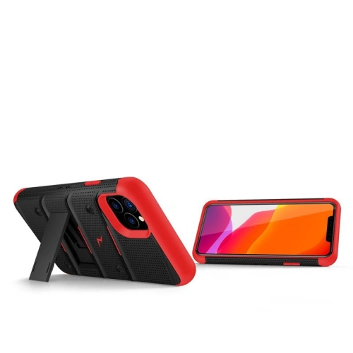 Pancerne etui Zizo Bolt Cover Apple iPhone 11 Pro Max ze szkłem 9H na ekran + podstawka & uchwyt do paska (Black/Red)