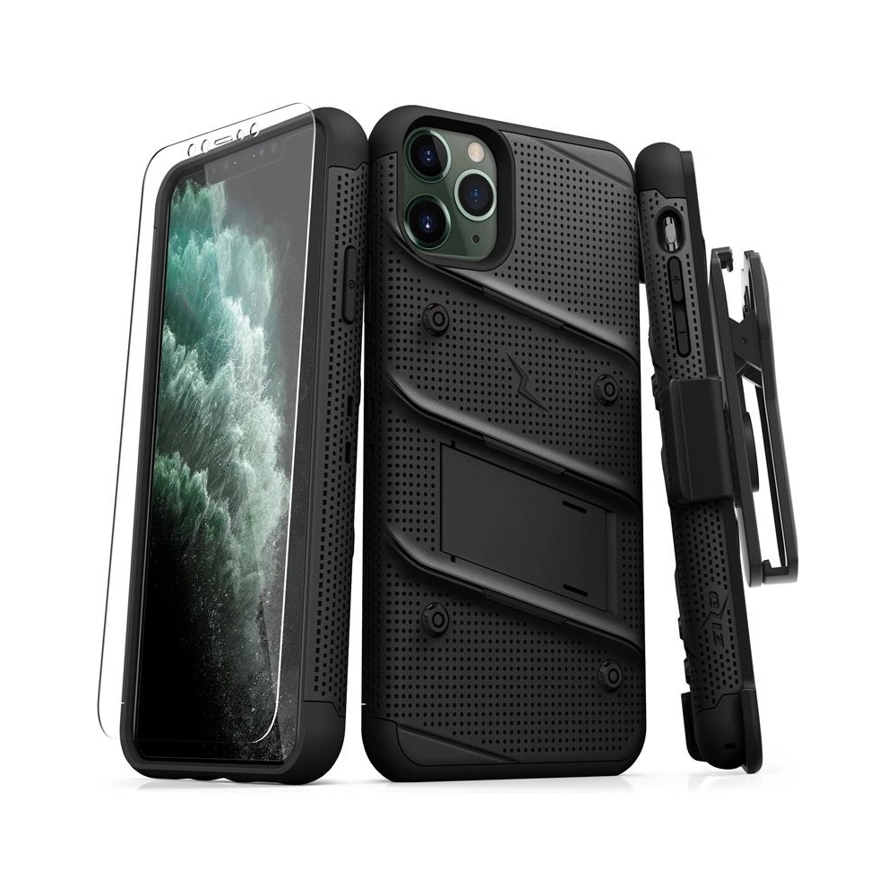 Hurtownia GSM - Pancéřové pouzdro Zizo Bolt Cover Apple iPhone 11 Pro Max se sklem 9H na displej + stojánek & držák na pás (Černá/Černá) - ZIZ011BLK - {ean13} - Hurt