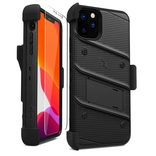 Pancerne etui Zizo Bolt Cover Apple iPhone 11 Pro Max ze szkłem 9H na ekran + podstawka & uchwyt do paska (Black/Black)