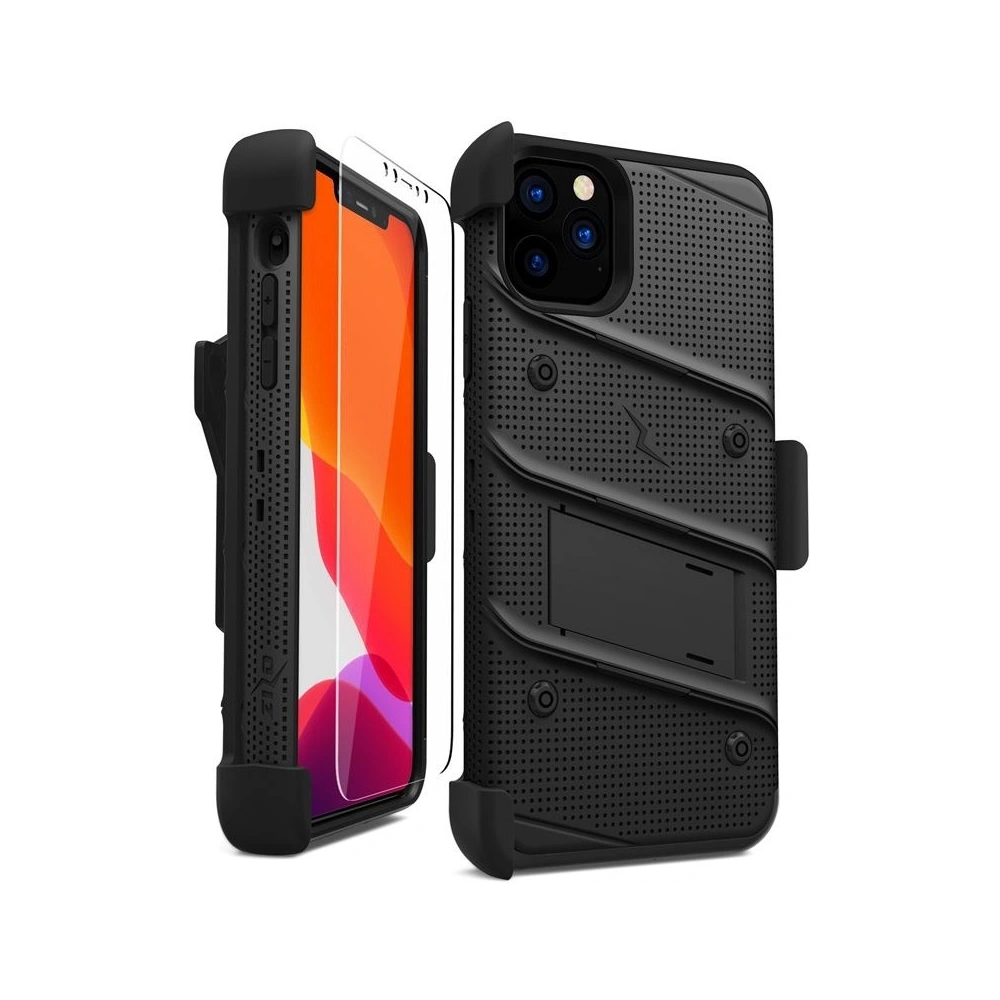 Hurtownia GSM - Pancéřové pouzdro Zizo Bolt Cover Apple iPhone 11 Pro Max se sklem 9H na displej + stojánek & držák na pás (Černá/Černá) - ZIZ011BLK - {ean13} - Hurt