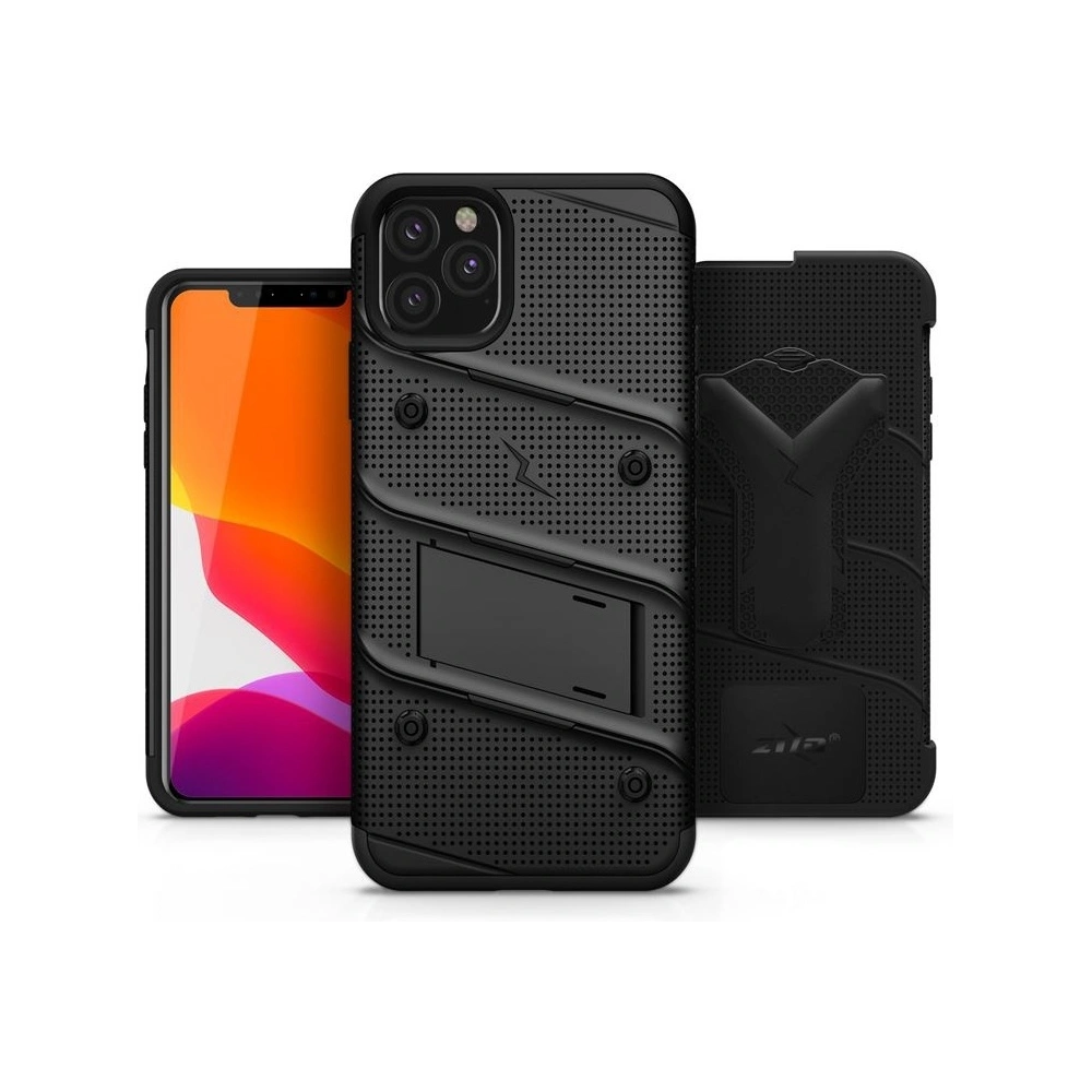 Hurtownia GSM - Pancéřové pouzdro Zizo Bolt Cover Apple iPhone 11 Pro Max se sklem 9H na displej + stojánek & držák na pás (Černá/Černá) - ZIZ011BLK - {ean13} - Hurt