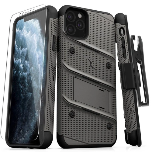Pancerne etui Zizo Bolt Cover Apple iPhone 11 Pro Max ze szkłem 9H na ekran + podstawka & uchwyt do paska (Metal Gray/Black)
