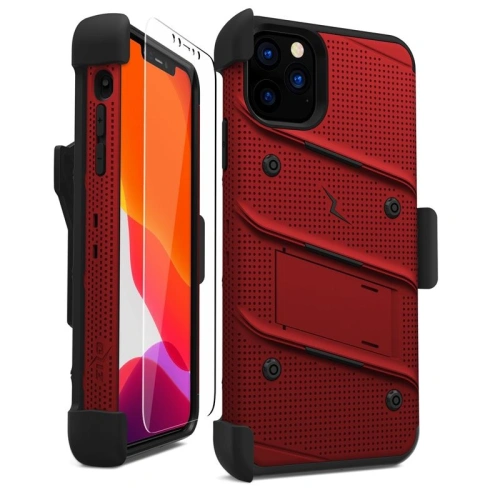 Pancerne etui Zizo Bolt Cover Apple iPhone 11 Pro Max ze szkłem 9H na ekran + podstawka & uchwyt do paska (Red/Black)
