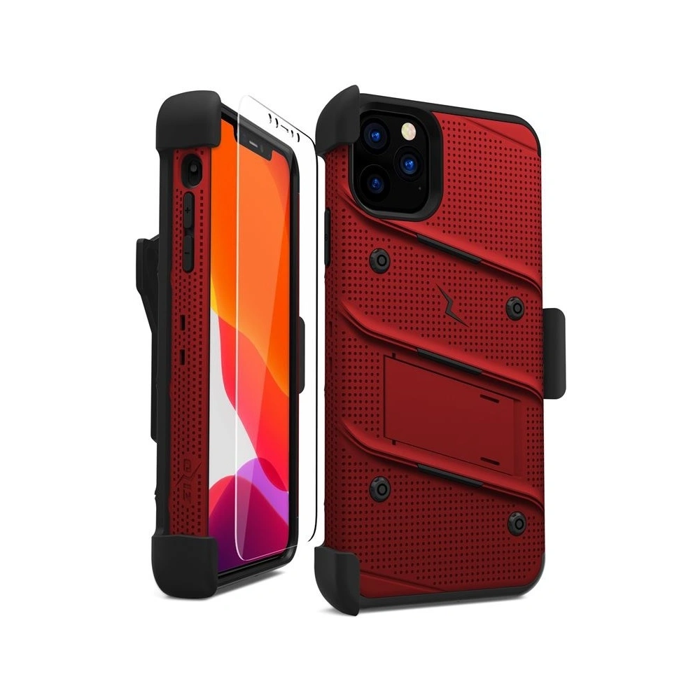 Hurtownia GSM - Pancéřové pouzdro Zizo Bolt Cover Apple iPhone 11 Pro Max se sklem 9H na displej + stojánek a držák na pásek (Červená/Černá) - ZIZ013REDBLK - {ean13} - Hurt