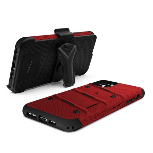 Pancerne etui Zizo Bolt Cover Apple iPhone 11 Pro Max ze szkłem 9H na ekran + podstawka & uchwyt do paska (Red/Black)
