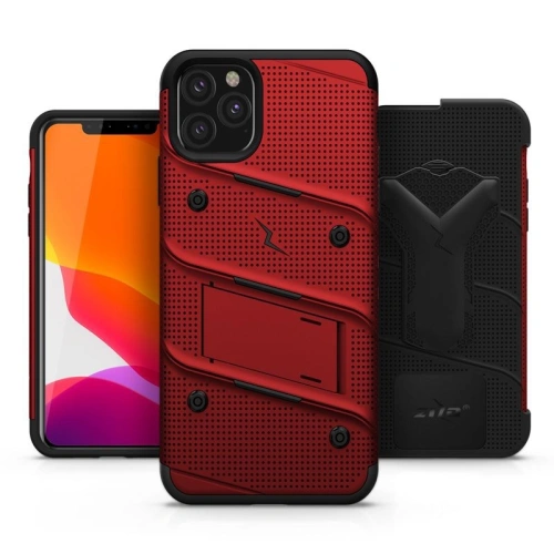 Pancerne etui Zizo Bolt Cover Apple iPhone 11 Pro Max ze szkłem 9H na ekran + podstawka & uchwyt do paska (Red/Black)