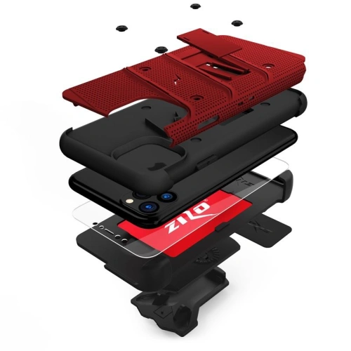 Pancerne etui Zizo Bolt Cover Apple iPhone 11 Pro Max ze szkłem 9H na ekran + podstawka & uchwyt do paska (Red/Black)