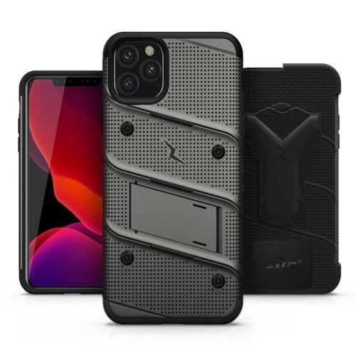 Pancerne etui Zizo Bolt Cover Apple iPhone 11 Pro ze szkłem 9H na ekran + podstawka & uchwyt do paska (Metal Gray/Black)