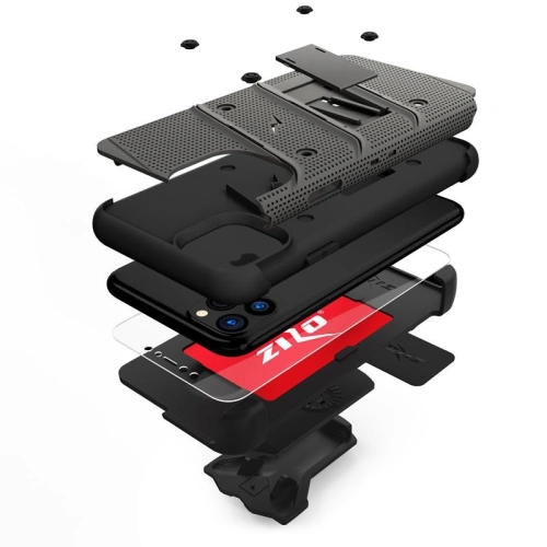 Pancerne etui Zizo Bolt Cover Apple iPhone 11 Pro ze szkłem 9H na ekran + podstawka & uchwyt do paska (Metal Gray/Black)