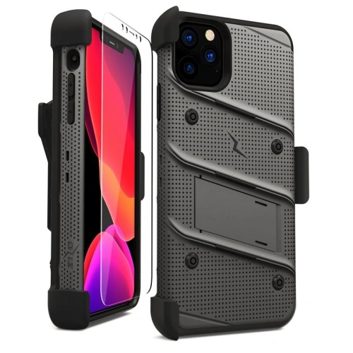 Pancerne etui Zizo Bolt Cover Apple iPhone 11 Pro ze szkłem 9H na ekran + podstawka & uchwyt do paska (Metal Gray/Black)