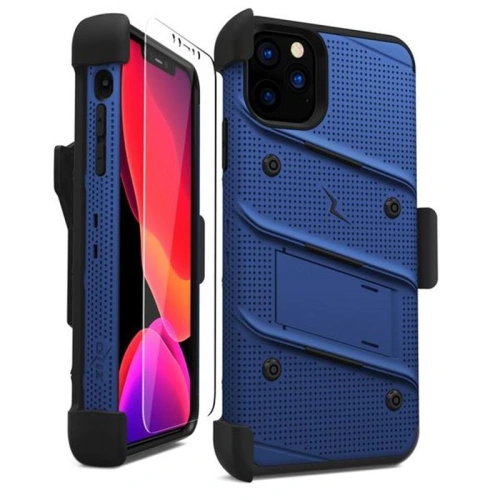 Pancerne etui Zizo Bolt Cover Apple iPhone 11 Pro ze szkłem 9H na ekran + podstawka & uchwyt do paska (Blue/Black)