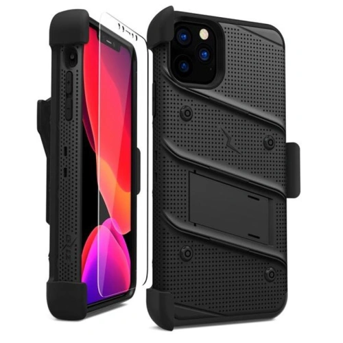 Pancerne etui Zizo Bolt Cover Apple iPhone 11 Pro ze szkłem 9H na ekran + podstawka & uchwyt do paska (Black/Black)