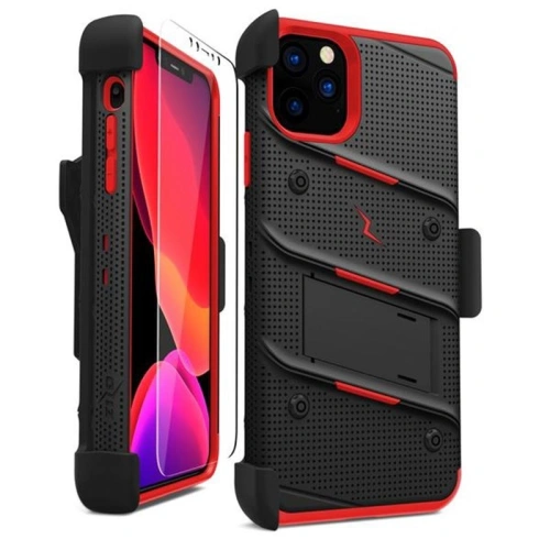Pancerne etui Zizo Bolt Cover Apple iPhone 11 Pro ze szkłem 9H na ekran + podstawka & uchwyt do paska (Black/Red)