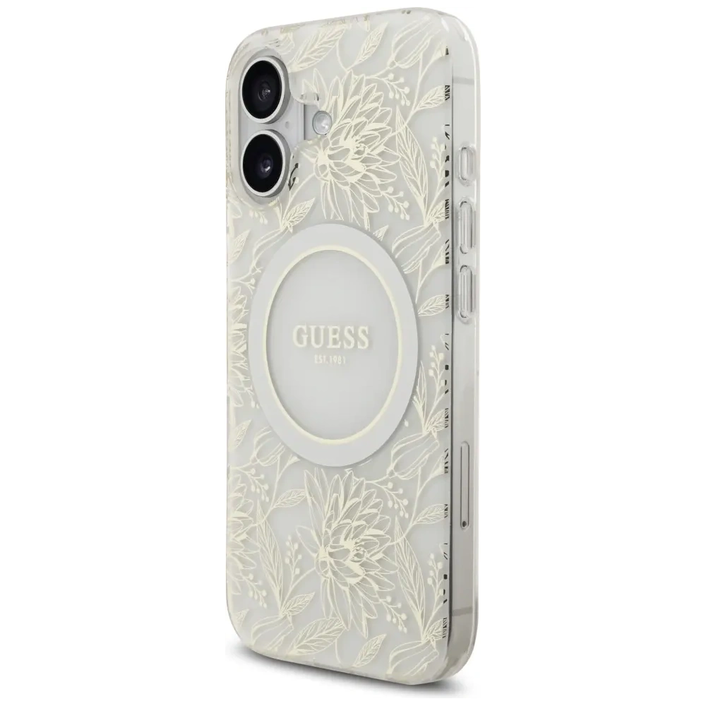 Etui Guess IML Flowers Electro Pearl Strap MagSafe do Apple iPhone 17 biały