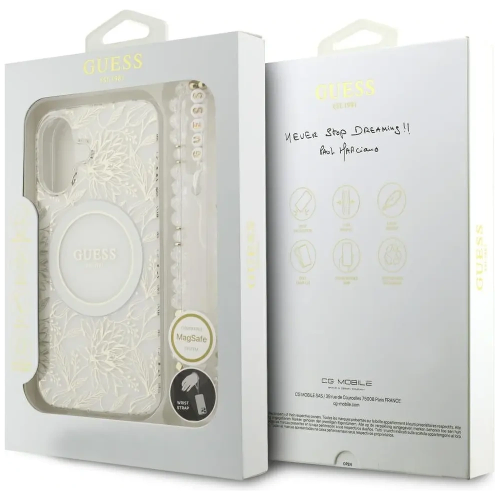 Etui Guess IML Flowers Electro Pearl Strap MagSafe do Apple iPhone 17 biały