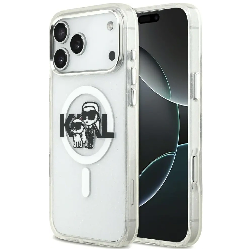 Etui Karl Lagerfeld IML Glitter Karl & Choupette Sketch Logo MagSafe do Apple iPhone 17 Pro Max przezroczysty