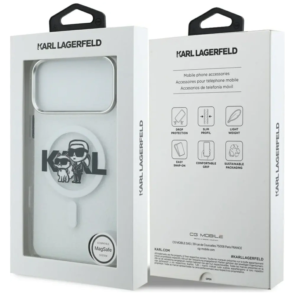 Etui Karl Lagerfeld IML Glitter Karl & Choupette Sketch Logo MagSafe do Apple iPhone 17 Pro Max przezroczysty
