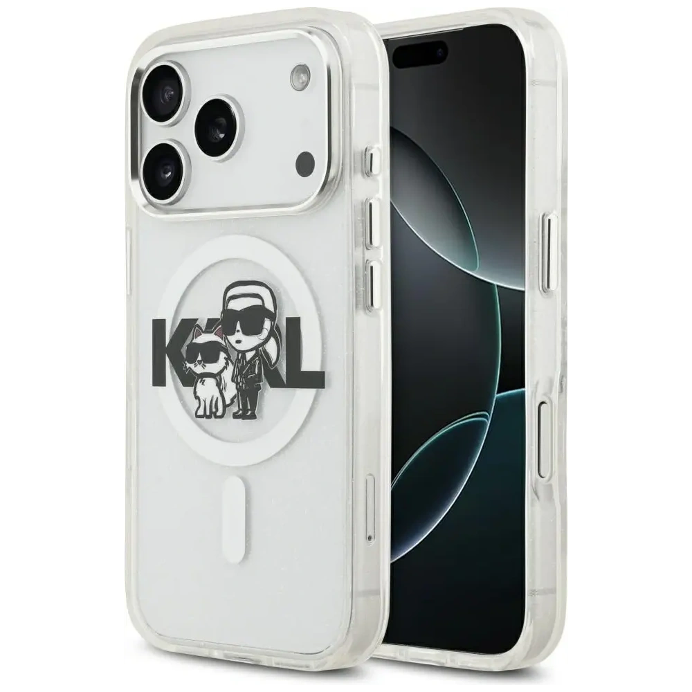 Etui Karl Lagerfeld IML Glitter Karl & Choupette Sketch Logo MagSafe do Apple iPhone 17 Pro przezroczysty