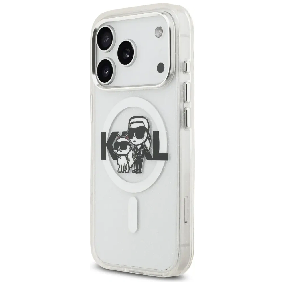 Etui Karl Lagerfeld IML Glitter Karl & Choupette Sketch Logo MagSafe do Apple iPhone 17 Pro przezroczysty