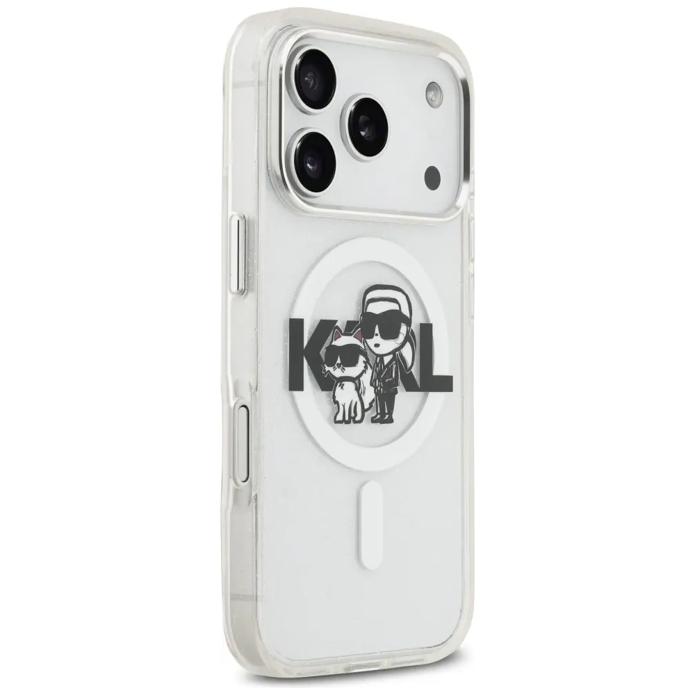 Etui Karl Lagerfeld IML Glitter Karl & Choupette Sketch Logo MagSafe do Apple iPhone 17 Pro przezroczysty