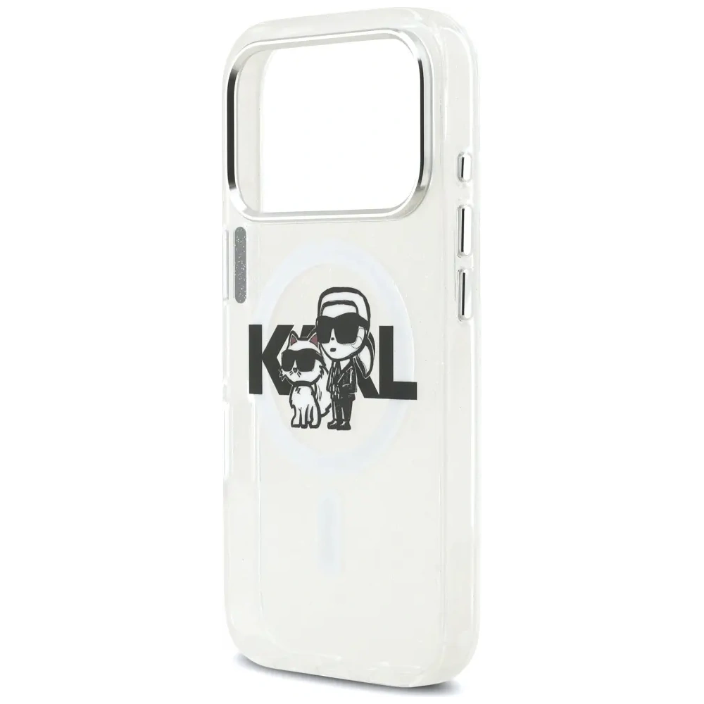 Etui Karl Lagerfeld IML Glitter Karl & Choupette Sketch Logo MagSafe do Apple iPhone 17 Pro przezroczysty