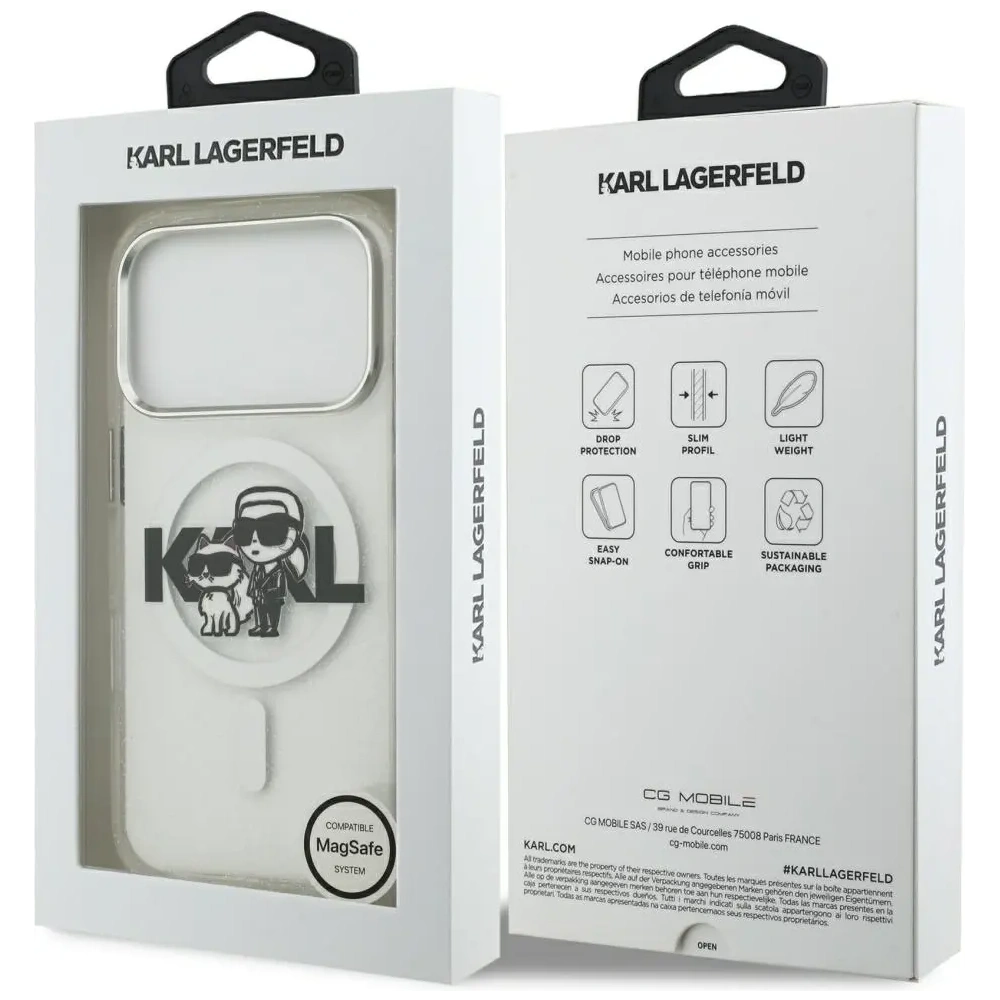 Etui Karl Lagerfeld IML Glitter Karl & Choupette Sketch Logo MagSafe do Apple iPhone 17 Pro przezroczysty