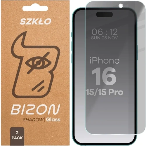 Prywatyzujące szkło hartowane Bizon Glass Clear Shadow do Apple iPhone 15 / 15 Pro / 16  przyciemniane [2 PACK]