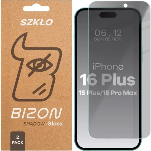 Prywatyzujące szkło hartowane Bizon Glass Clear Shadow do Apple iPhone 15 Plus / 15 Pro Max / 16 Plus przyciemniane [2 PACK]