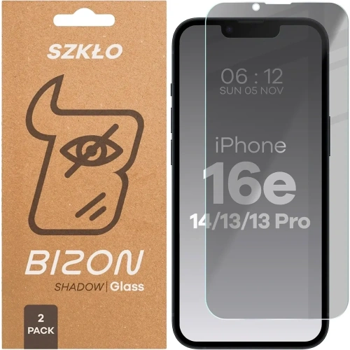 Prywatyzujące szkło hartowane Bizon Glass Clear Shadow do Apple iPhone 16e / 14 / 13 Pro / 13 przyciemniane [2 PACK]