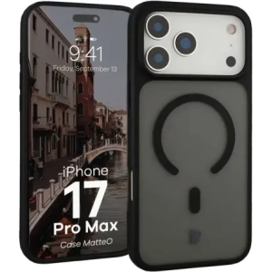 Etui z pierścieniem magnetycznym Bizon Case MatteO do do Apple iPhone 17 Pro Max przydymione-czarne