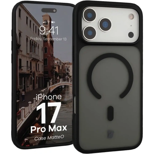 Etui z pierścieniem magnetycznym Bizon Case MatteO do do Apple iPhone 17 Pro Max przydymione-czarne