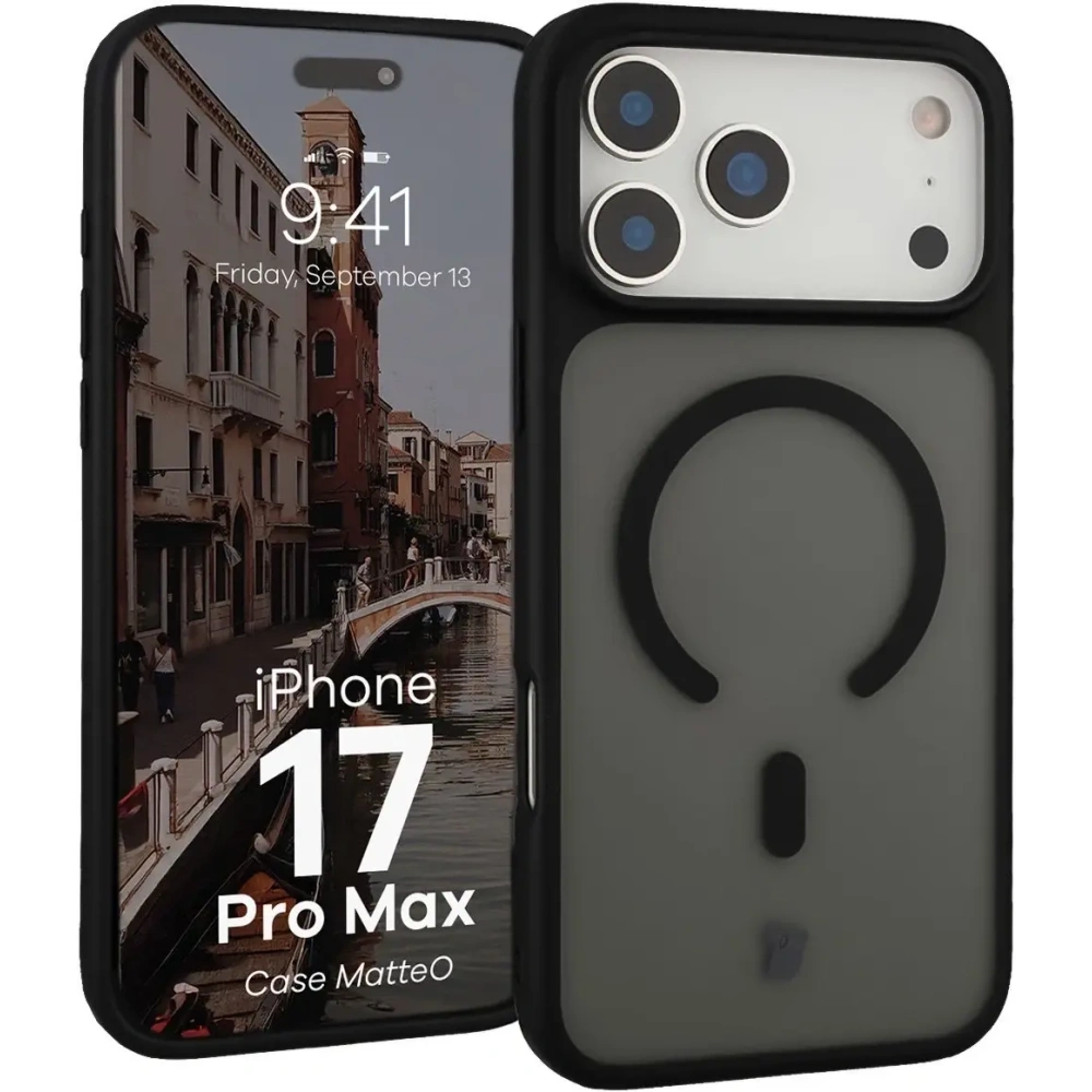 Etui z pierścieniem magnetycznym Bizon Case MatteO do do Apple iPhone 17 Pro Max przydymione-czarne