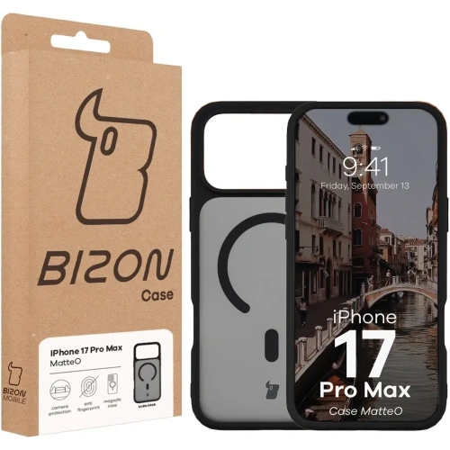 Etui z pierścieniem magnetycznym Bizon Case MatteO do do Apple iPhone 17 Pro Max przydymione-czarne