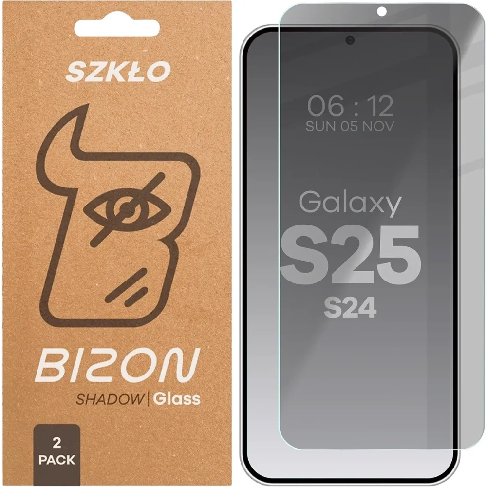 Prywatyzujące szkło hartowane Bizon Glass Clear Shadow Duo do Samsung Galaxy S25 / S24 przyciemniane [2 PACK]
