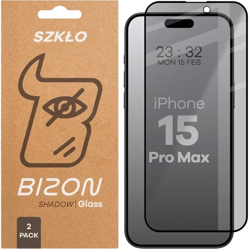 Prywatyzujące szkło hartowane Bizon Glass Edge Shadow Duo do do Apple iPhone 15 Pro Max przyciemniane z czarną ramką [2 PACK]